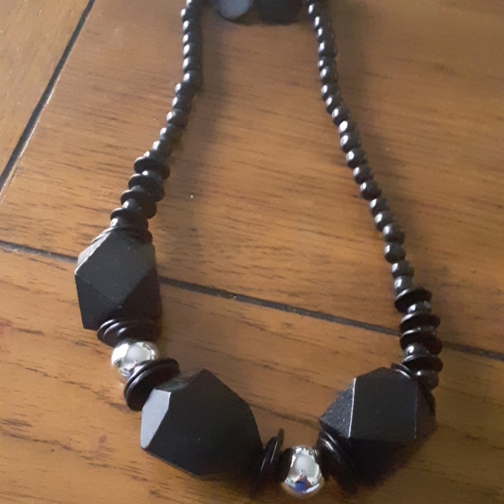 Chunky black Wooden Necklace with Earrings